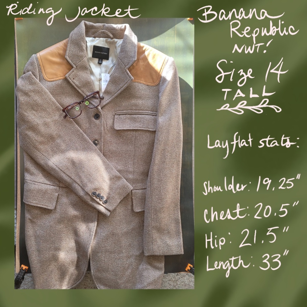 NWT Banana Republic Riding Jacket with Leather Patches, Size 14 Tall